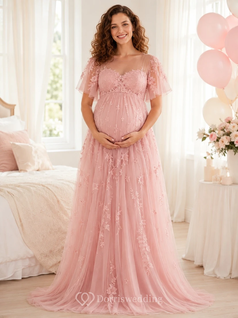 Vestido de noche de maternidad largo hasta el suelo, de corte A, con encaje, tul, cuello cuadrado y mangas cortas, color rosa rubor.