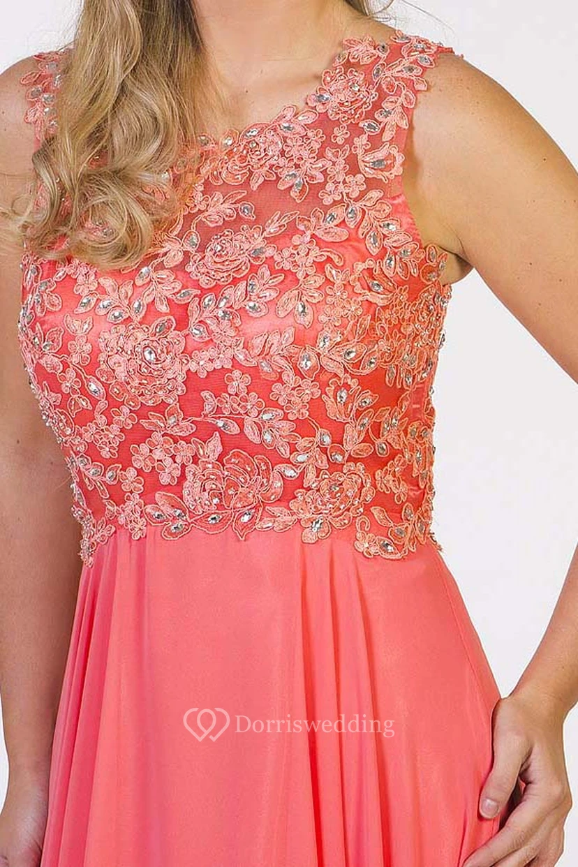 Bodenlanges, ärmelloses Chiffon-Abendkleid mit Perlenbesatz, Rundhalsausschnitt, Falten und Applikationen view 3