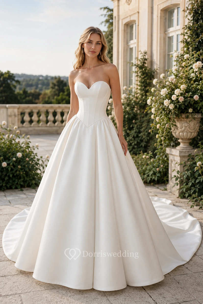Strapless Satin Ball Gown with Chapel Train