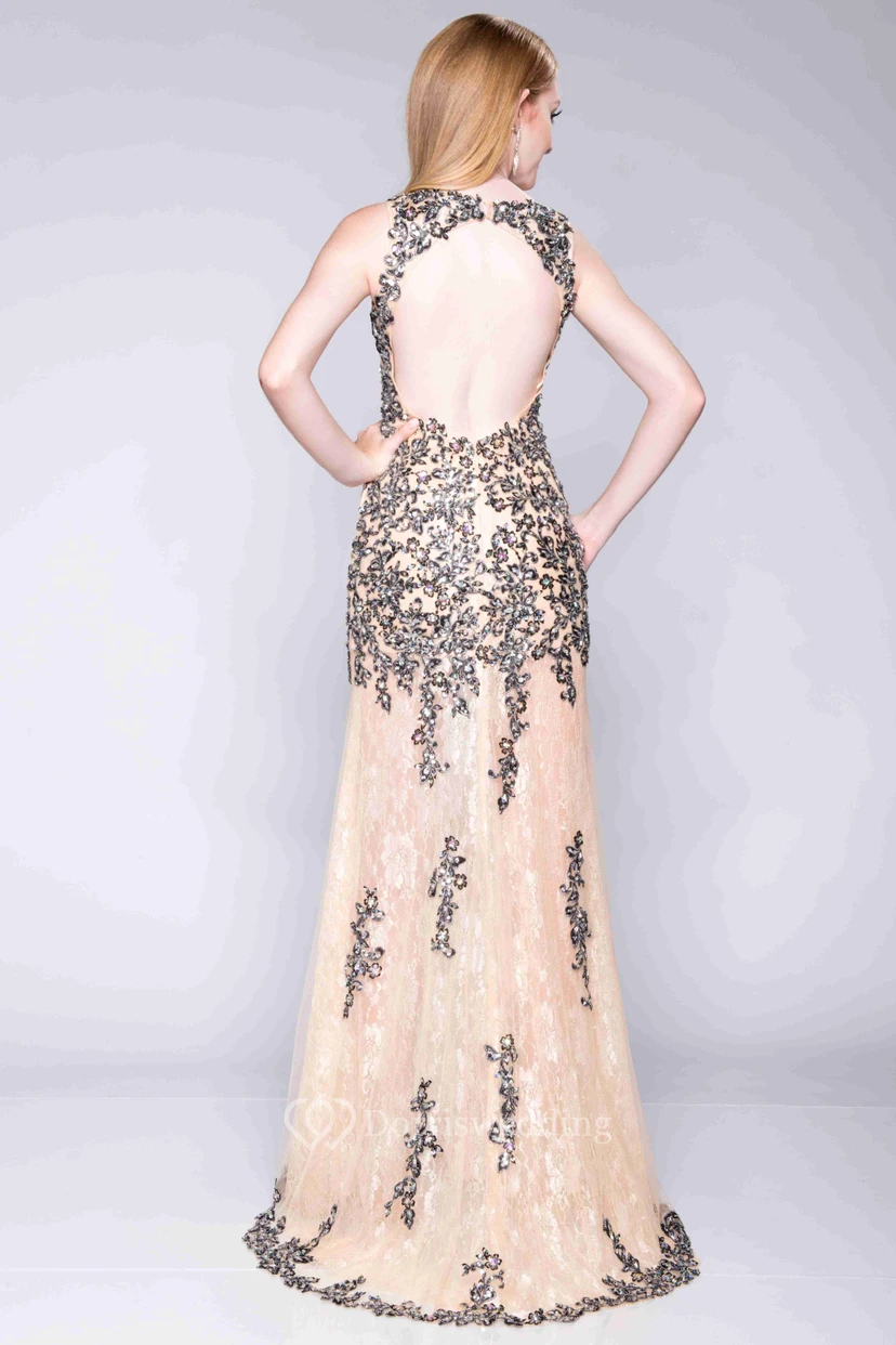 Keyhole Back Sequined Lace Prom Dress With Side Slit view 2