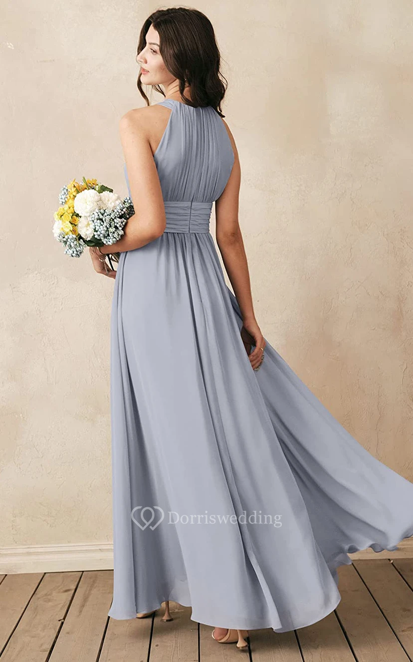 Modern Halter A Line Sleeveless Ankle-length Chiffon Bridesmaid Dress With Ruching view 16