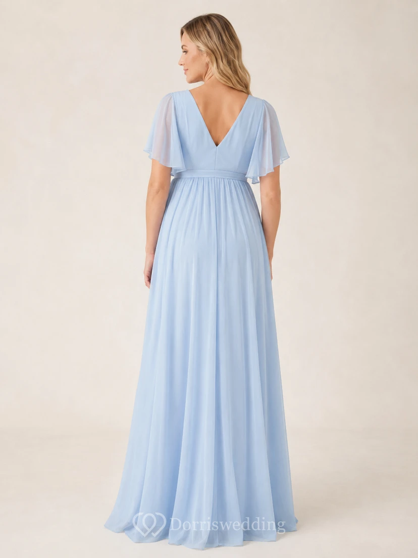 Vestido de dama de honor de gasa azul cielo con escote en V, mangas con volantes y corte imperio, largo hasta el suelo, para embarazadas. view 2