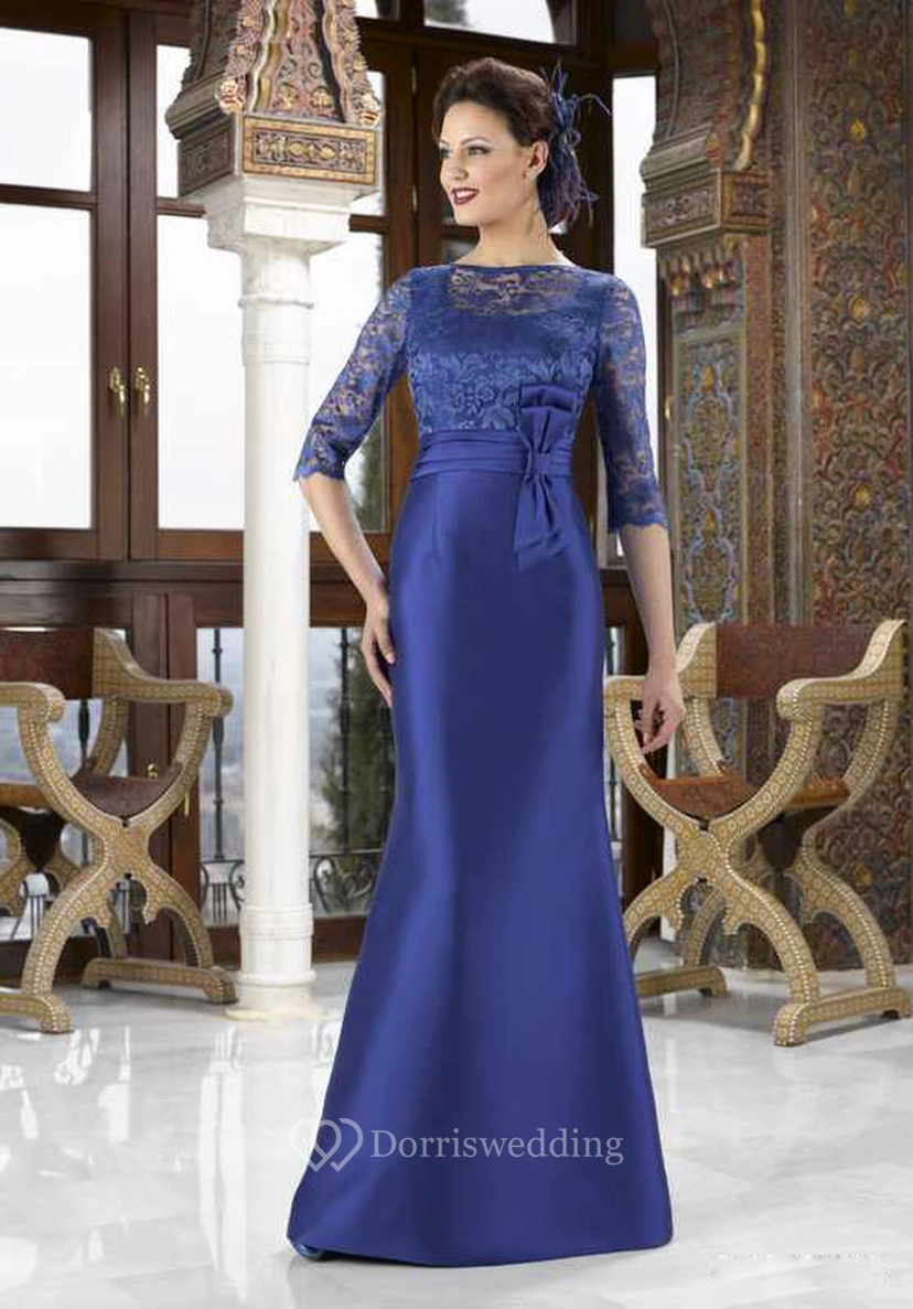 Maxi-Brautmutterkleid aus Satin mit Schleife, Rundhalsausschnitt, 3-4 Ärmeln, Spitze und Spitze