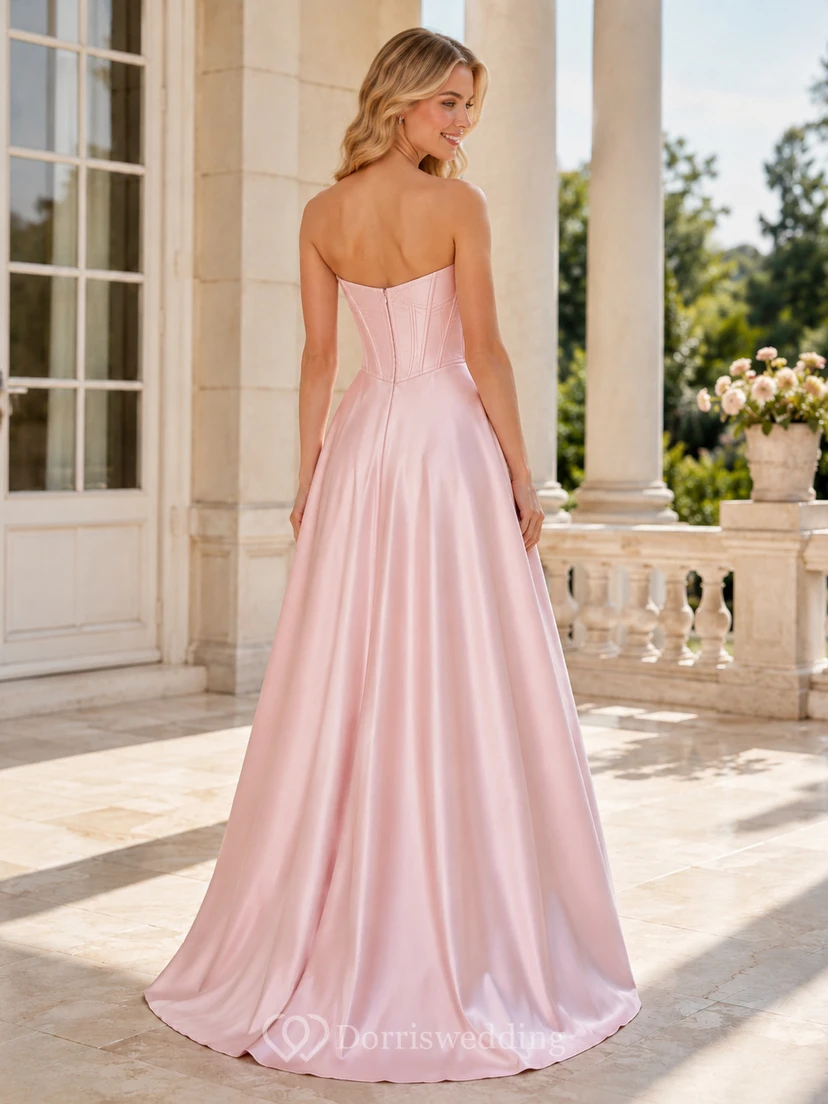 Blush Strapless Sweetheart Corset Satin A-Line Floor Length Slit Prom Dress view 2