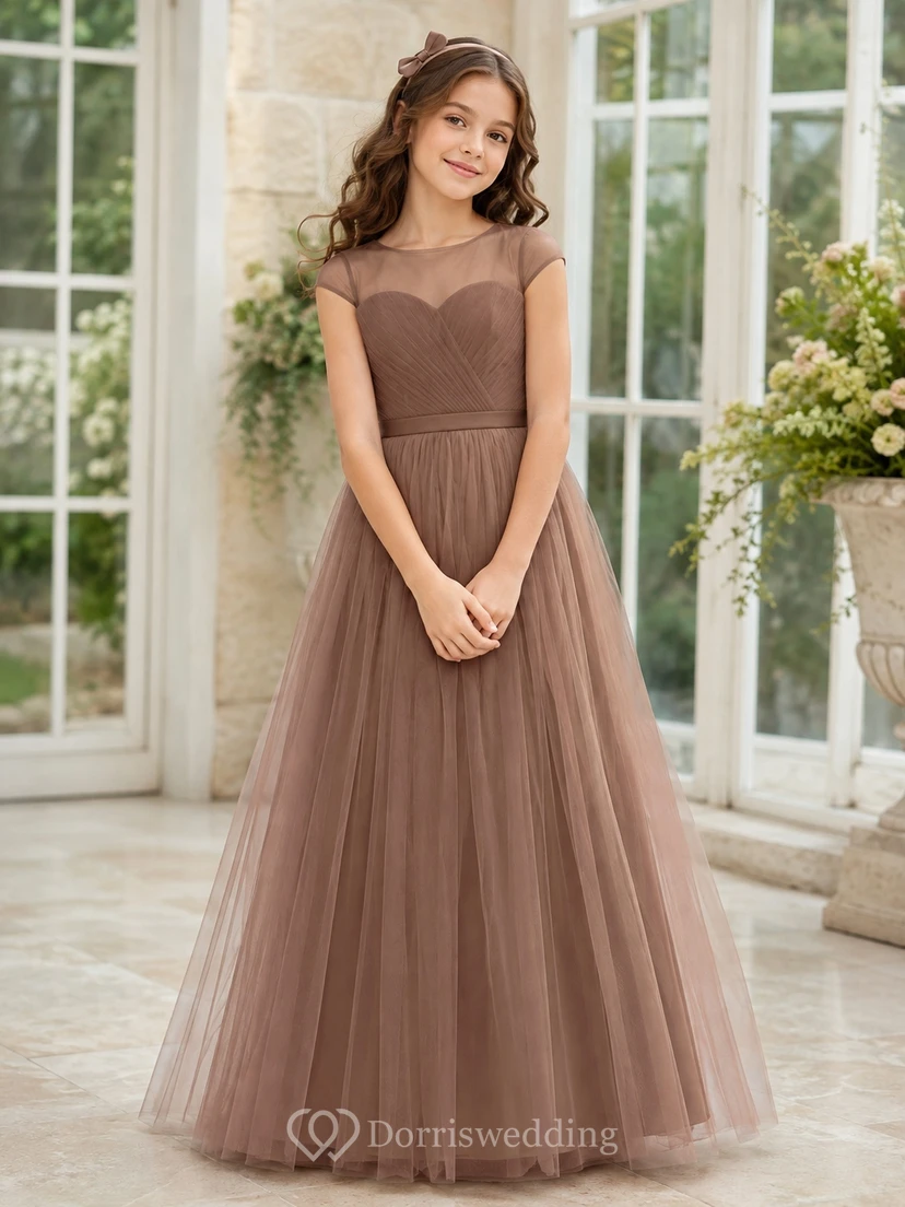 Taupefarbenes Brautjungfernkleid für junge Brautjungfern, A-Linie, herzförmiger Schnitt, kurze Ärmel, gerafft, romantisch
