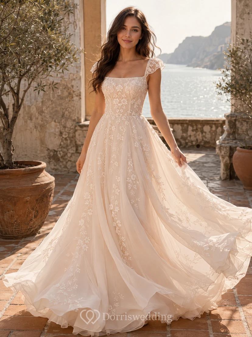 Blush Tulle Embroidered Mediterranean Coast A Line Gown