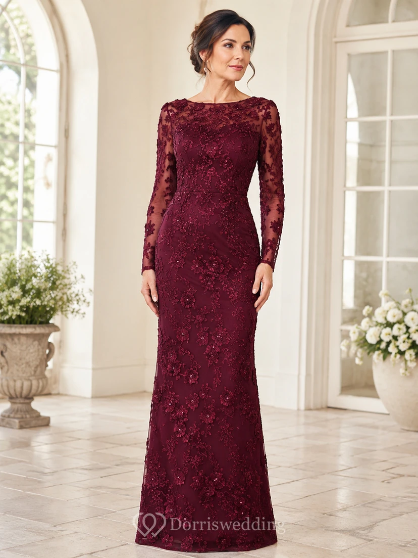 Burgundy lace long sleeve floor length sheath evening dress