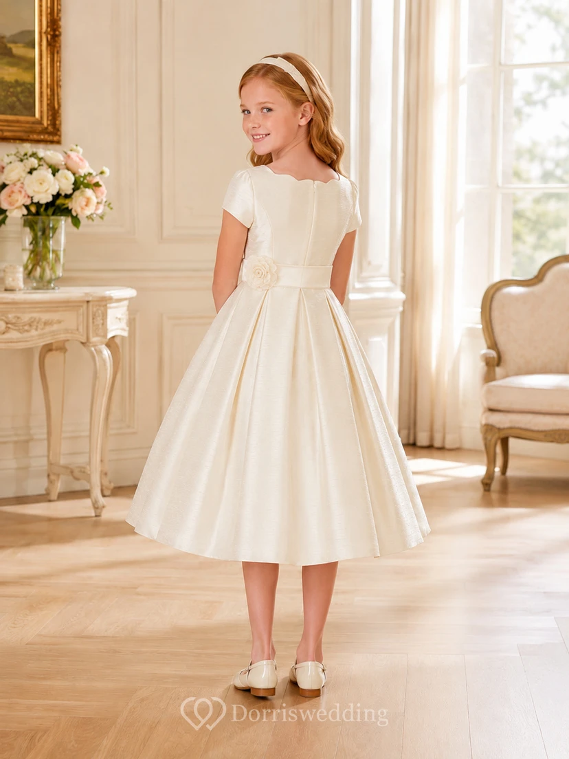 Robe de demoiselle d'honneur mi-longue à manches courtes en satin avec nœud papillon, pour communion view 2