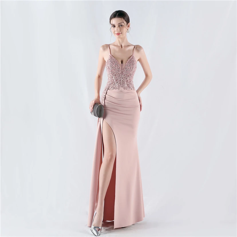 Heavy Hot Diamonds And Flower-Set Waisted Fishbone Satin Evening Dress Annual Meeting Wedding view 14