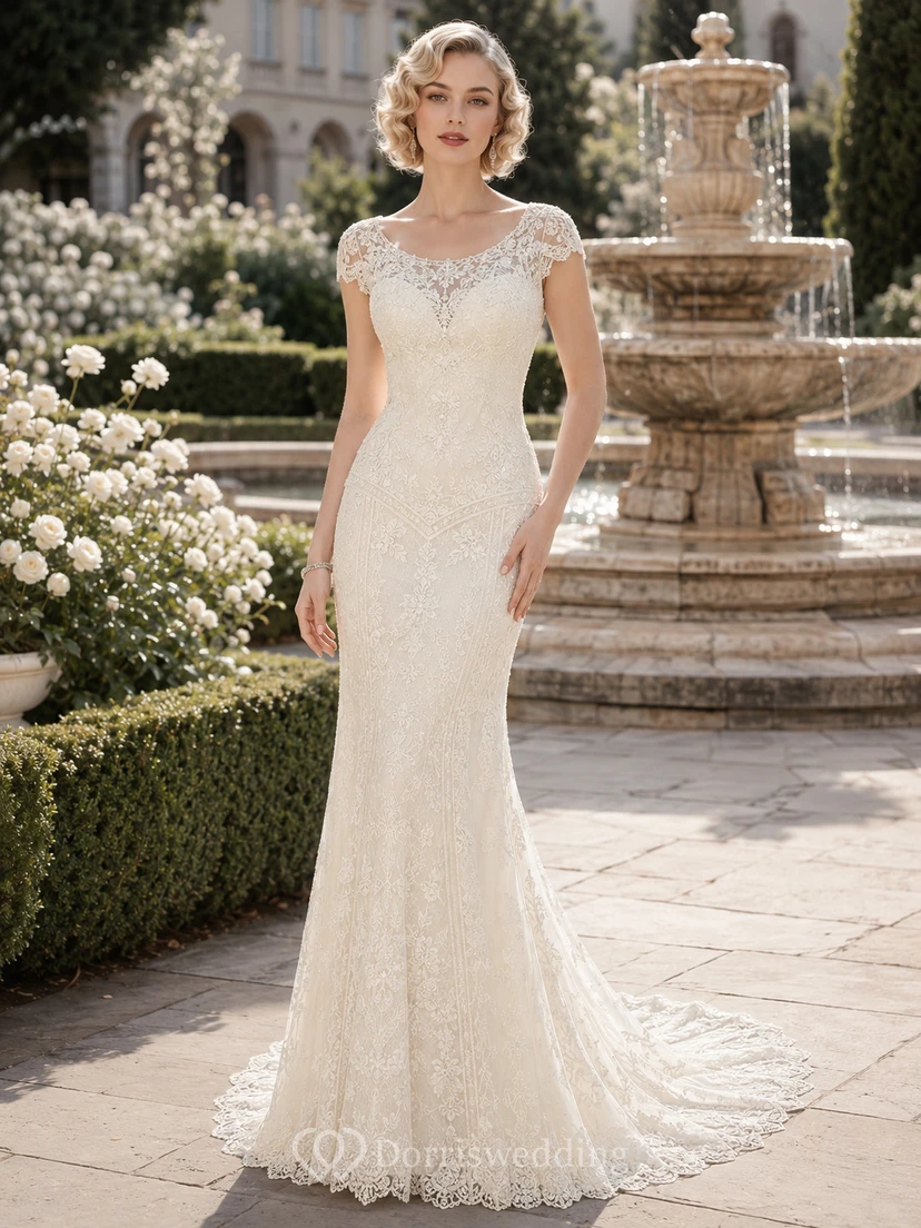 Vestido de novia de corte recto estilo Gatsby con mangas cortas y encaje integral, estilo jardín.