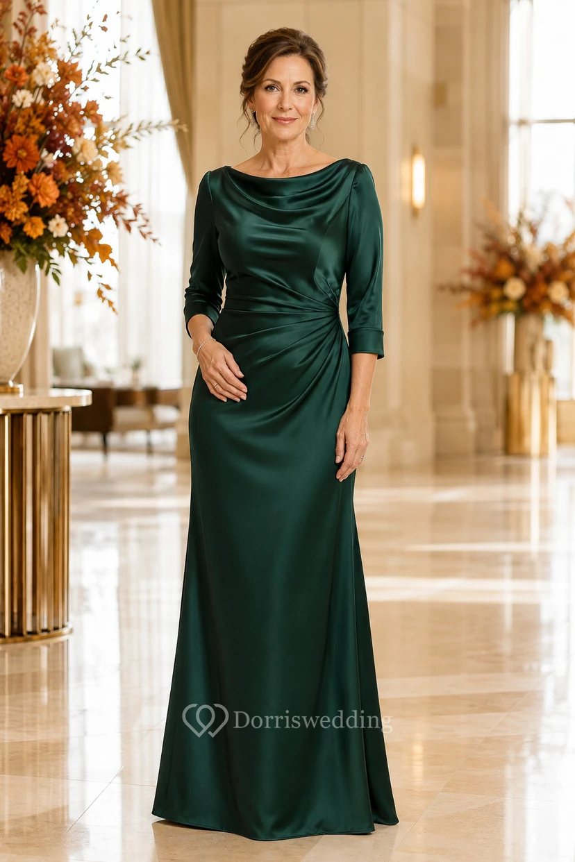 Dunkelgrünes Satin-Etui-Kleid mit Wasserfallausschnitt