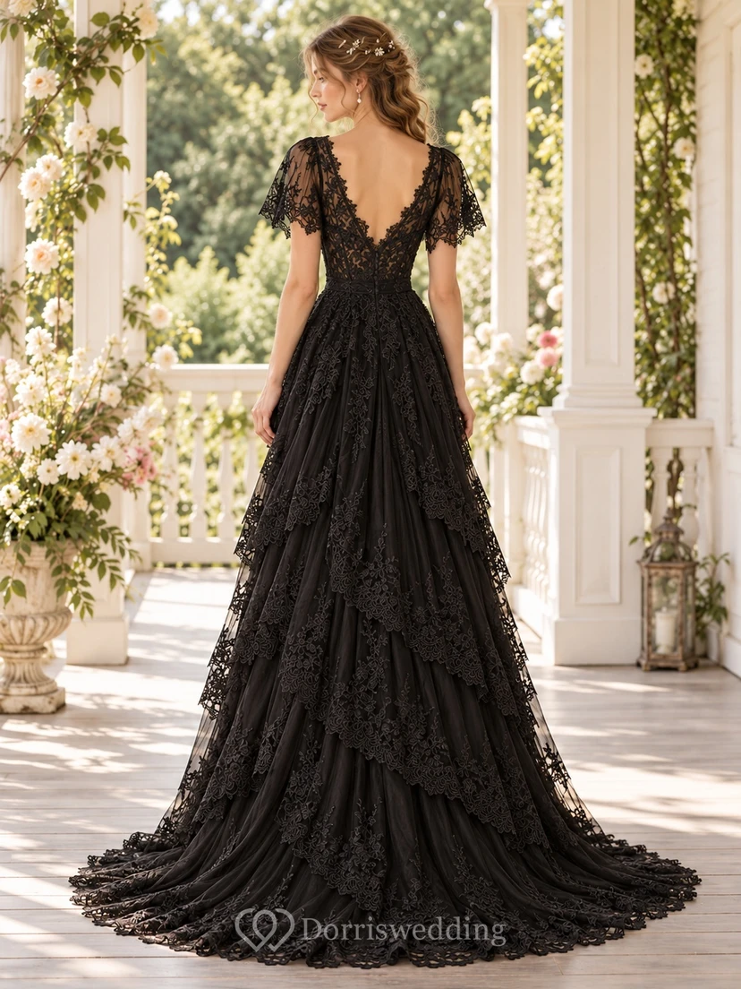 Vintage Black V-neck Flutter Sleeve Tiered Lace Wedding Dress view 2