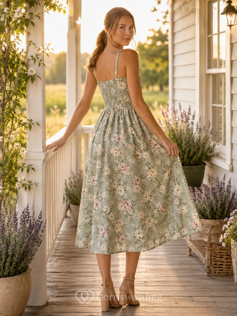 Sage floral spaghetti strap sweetheart farmhouse guest midi dress view 2
