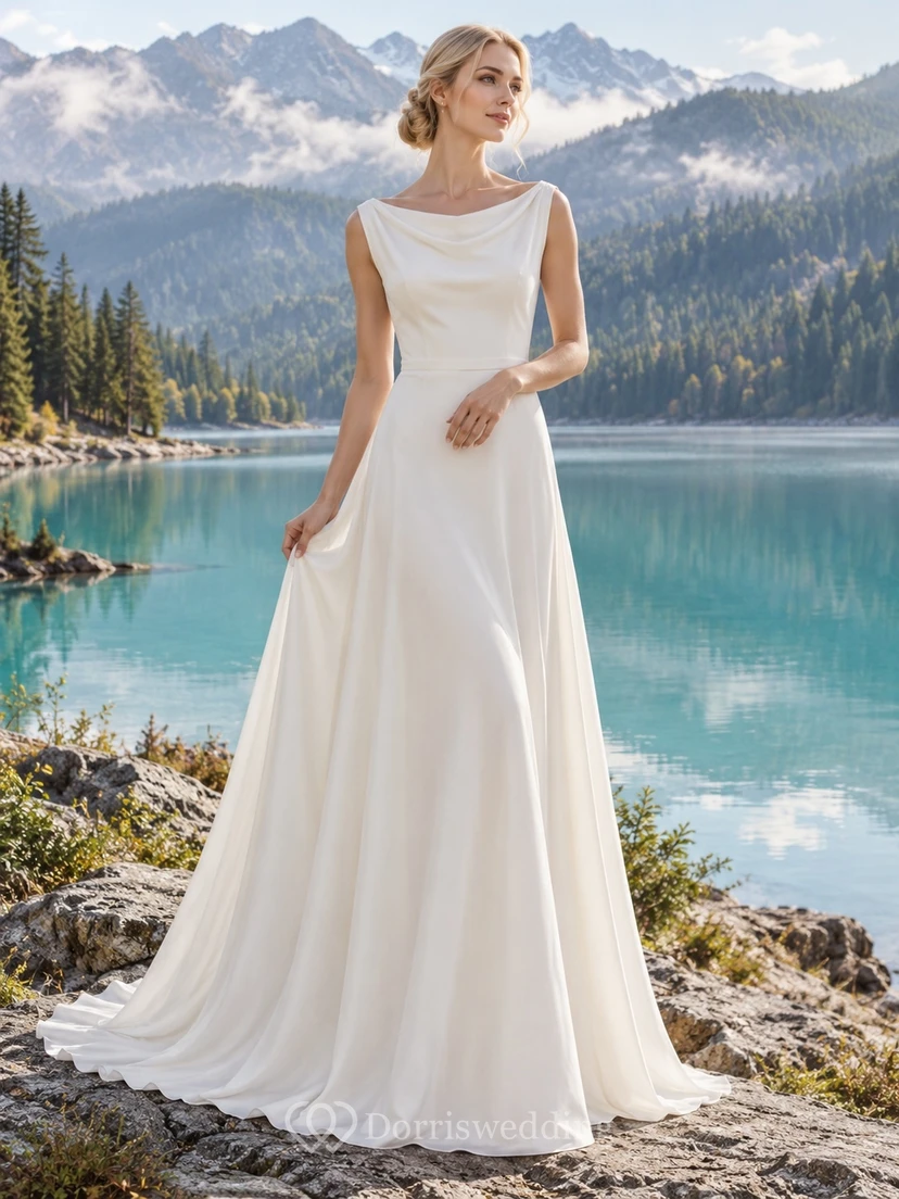 Vestido de novia sencillo sin mangas con escote drapeado y corte en A, con cola.