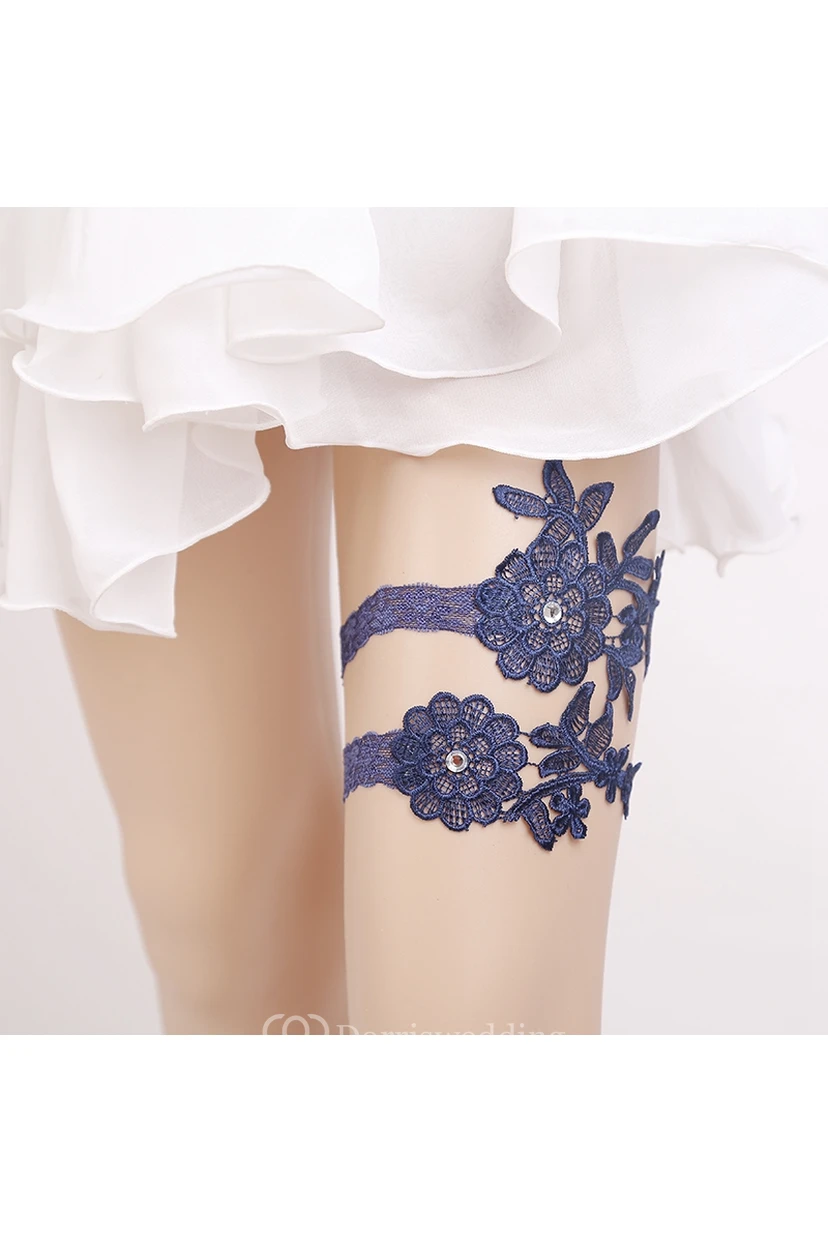 Original Handmade Beaded Blue Lace Princess Style Elastic Garter Belt Within 16-23inch view 2