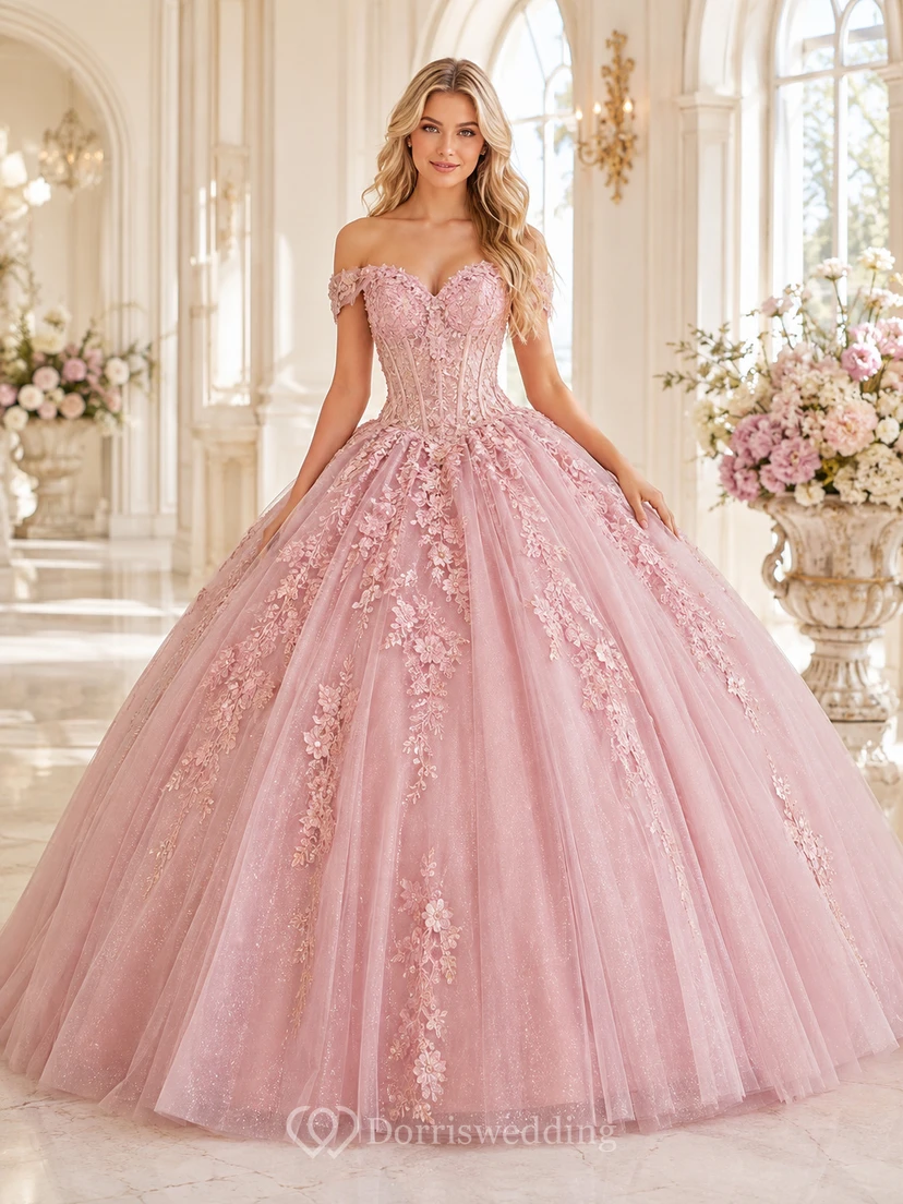 Vestido de quinceañera largo hasta el suelo, de lujo, color rosa empolvado, con hombros descubiertos, bordados florales y encaje, tul y vestido de gala.