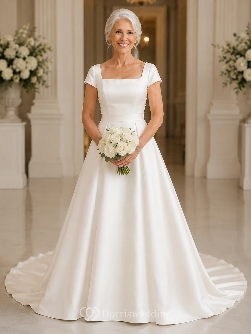 Square Neck Satin A-Line Older Brides Wedding Dress with Chapel Train