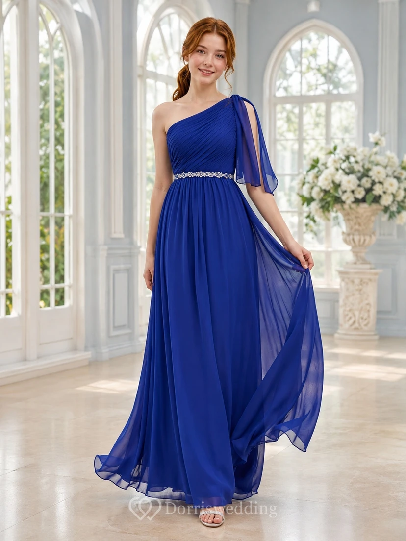 Royal Blue One-Shoulder Sleeveless Chiffon A-Line Floor-length Draped Prom Evening Dress