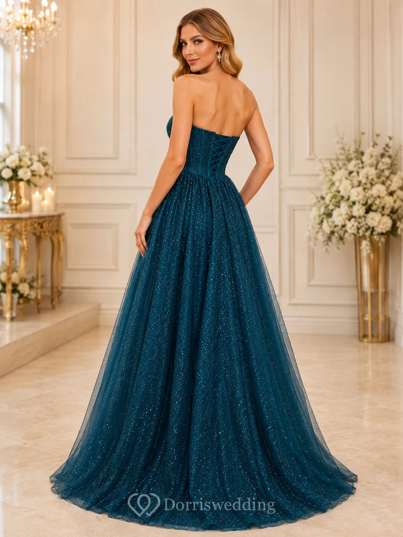 Peacock Strapless Sweetheart Glitter Tulle A-Line Floor Length Slit Prom Dress view 2