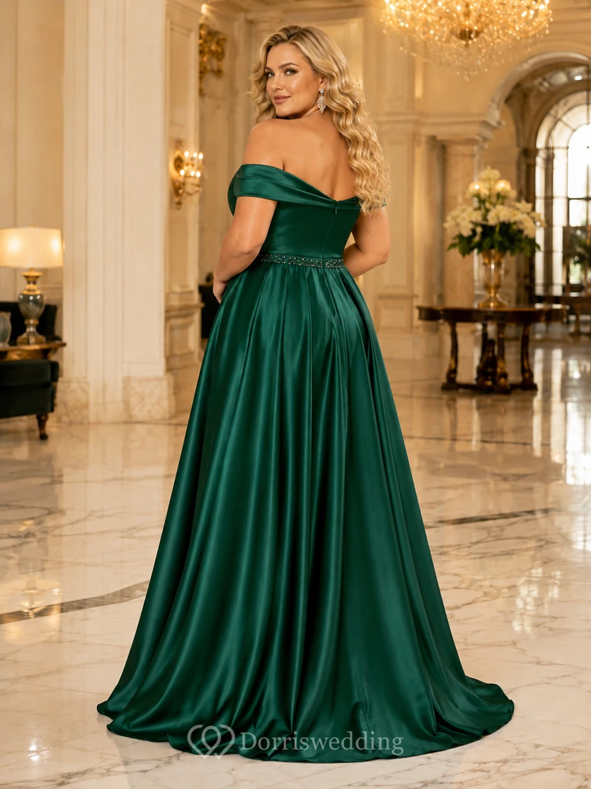 Elegante vestido de noche de satén de corte A con escote corazón y abertura lateral, ideal para tallas grandes. view 2