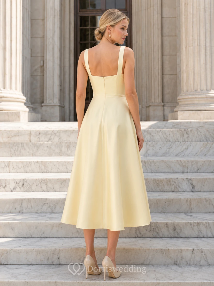 Yellow Courthouse Square Neck Satin Midi A Line Wedding Dress view 2