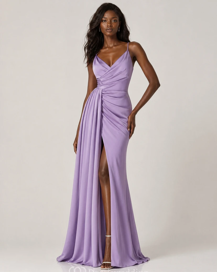 Casual V-neck Sheath Spaghetti Satin Floor-length Evening Dress with Ruching view 10