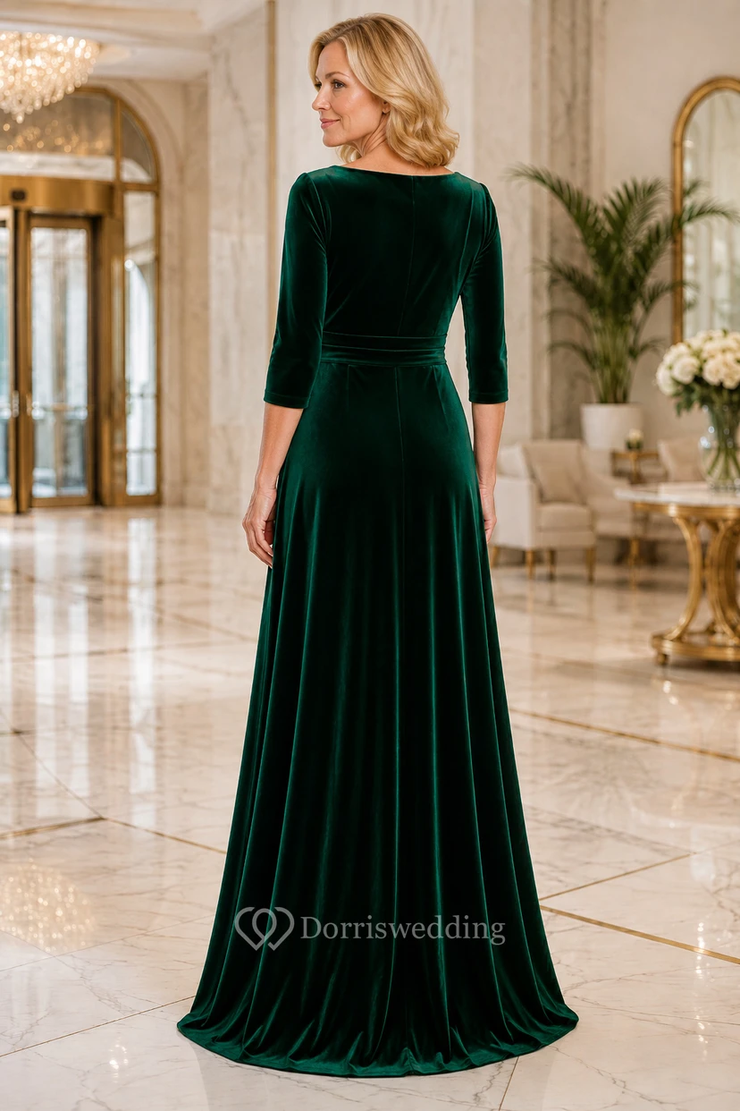 Dunkelgrünes Samtkleid in A-Linie mit 3/4-Ärmeln view 2
