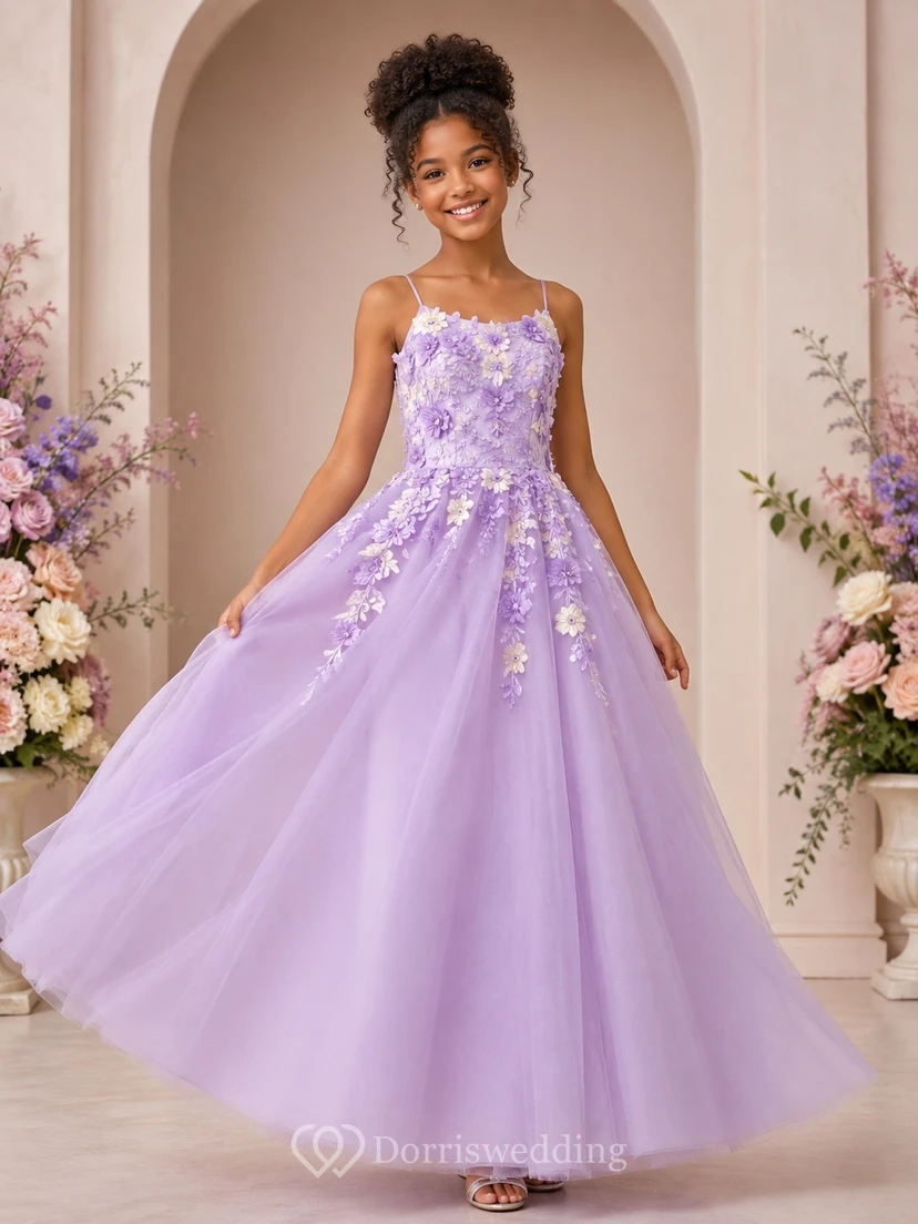Lavendelfarbenes Brautjungfernkleid, A-Linie, Spaghettiträger, ärmellos, Tüll, Blumenmuster, romantisch