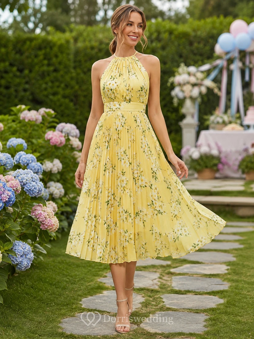 Yellow floral halter neck pleated A-line midi dress