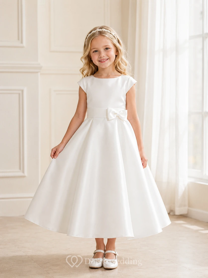 Flower Girl Dress Ivory Satin A-Line Jewel Neck Tea Length Bow Detail