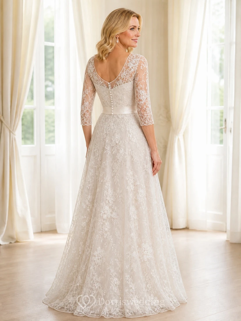 Heirloom Modest Older Brides Lace A-Line Floor-length Bateau Three-Quarter Sleeve Mother Dress view 2