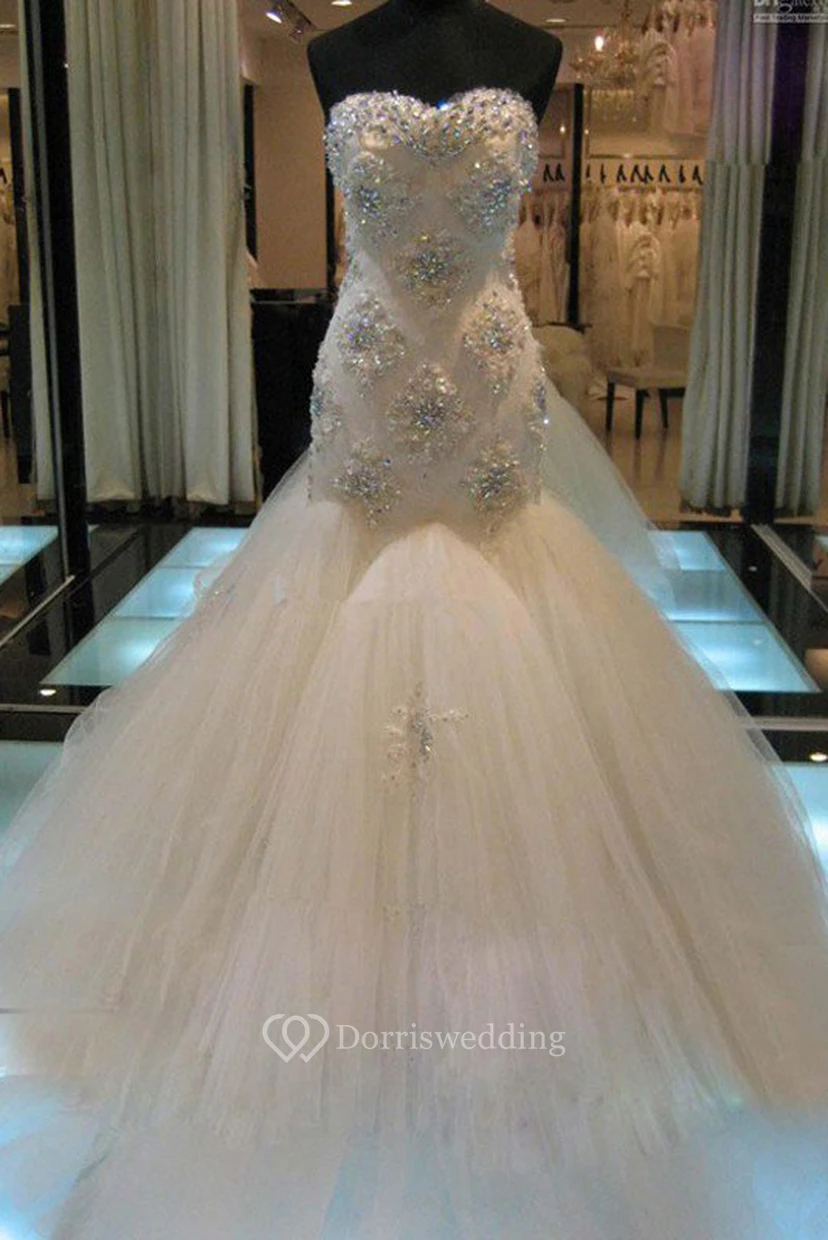 Mermaid Sleeveless Sweetheart Court Train Beading Tulle Wedding Dresses