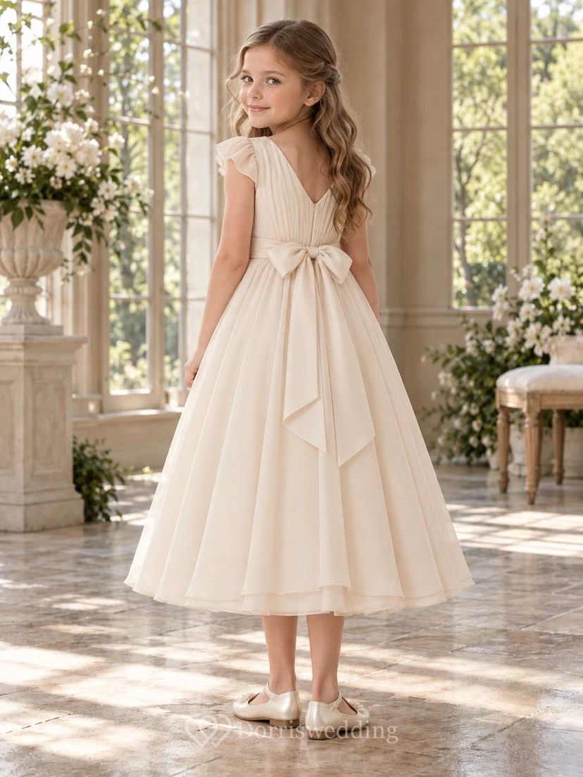 Tea-length Simple Ivory A-line Chiffon Flutter-sleeve Pleated-bodice Bow-back Flower Girl Dress view 2
