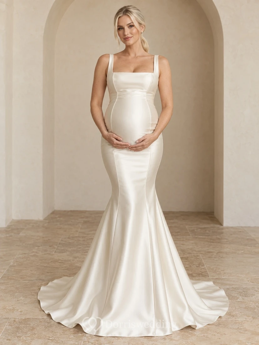 Robe de mariée de maternité sirène simple à encolure carrée et bretelles en satin avec traîne