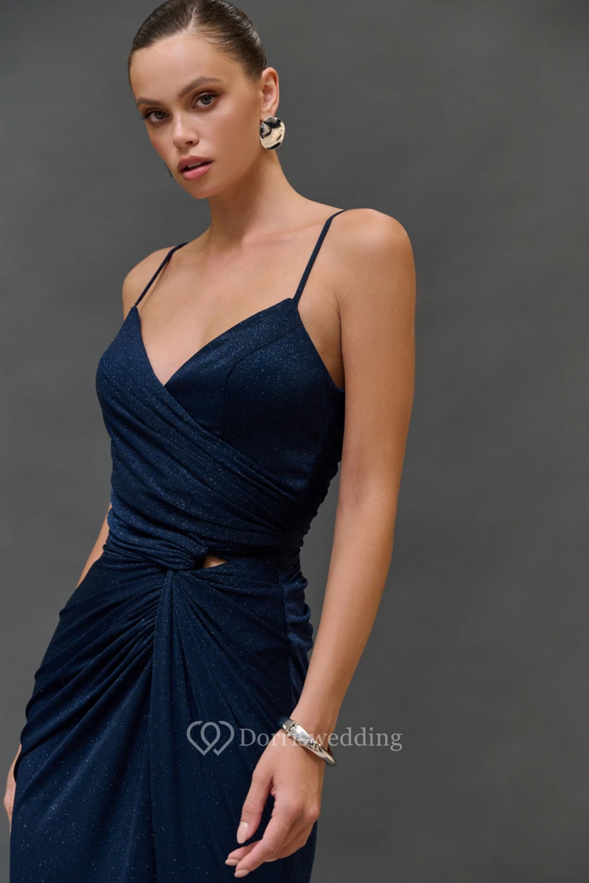 Dark Navy Spaghetti Sheath Ruched Front Split Sexy Dress view 2