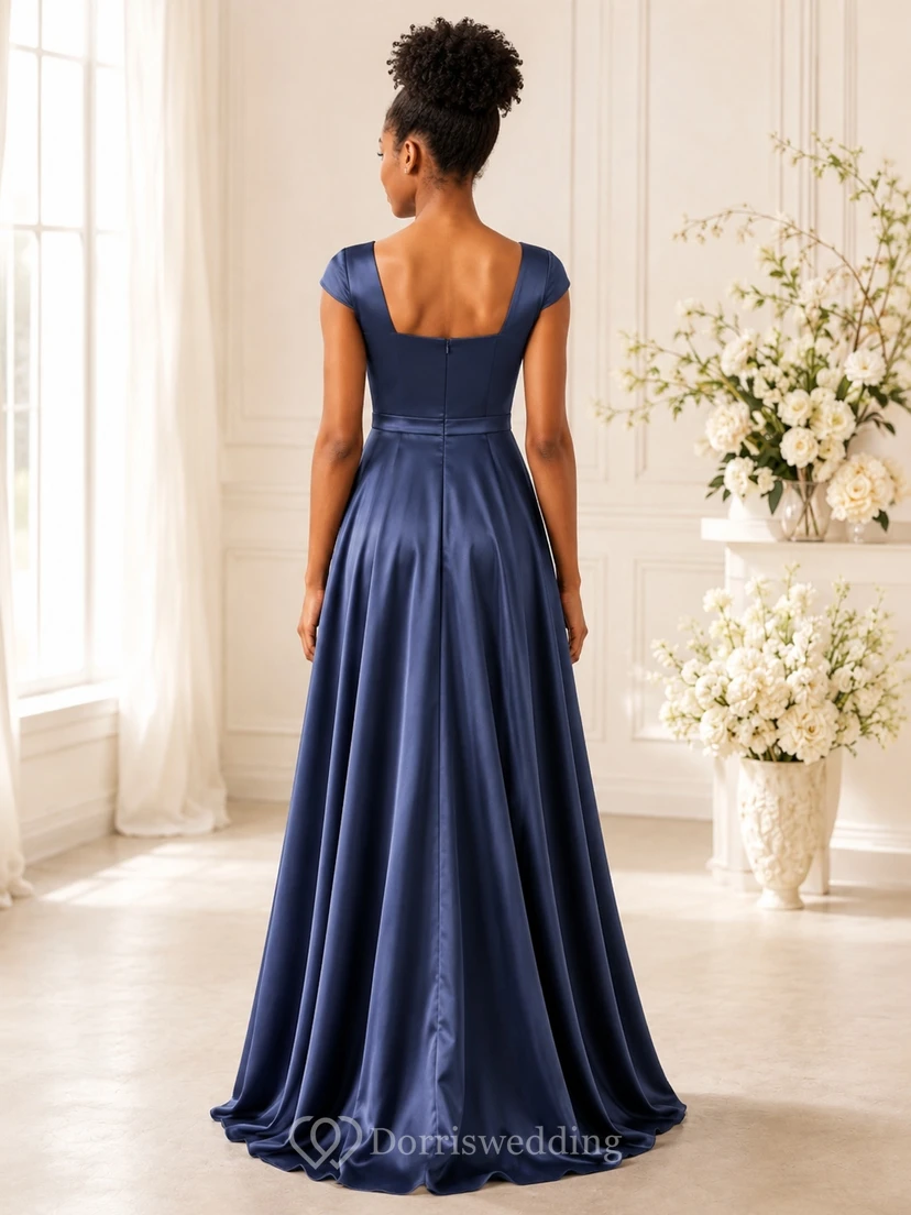 Dark Navy Junior Bridesmaid Dress A-Line Square Short Cap-Sleeve Satin Elegant Modern view 2