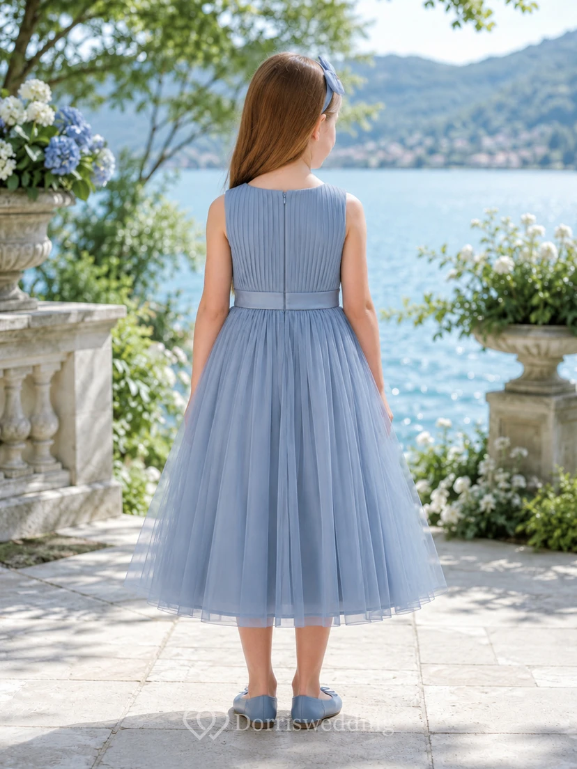 Blue Classic A-Line Satin Flower Girl Dress Sleeveless Scoop Neck Tea-Length Pleated Skirt view 2