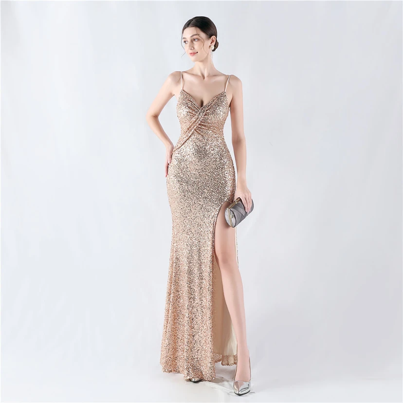 Robe de soirée sexy à sequins et fente haute, avec bretelles et encoche cryptée view 23