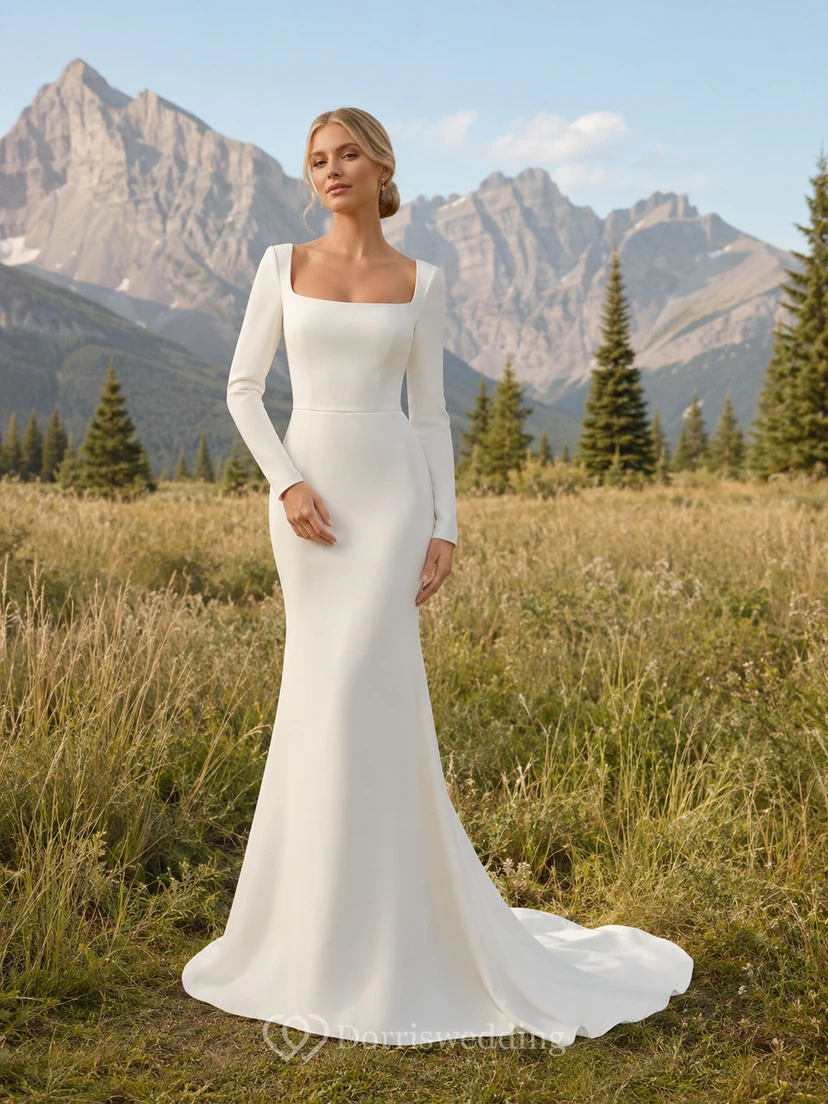 Robe de mariée sirène en satin à manches longues, col carré et traîne, boutonnée dans le dos, en satin et à col carré