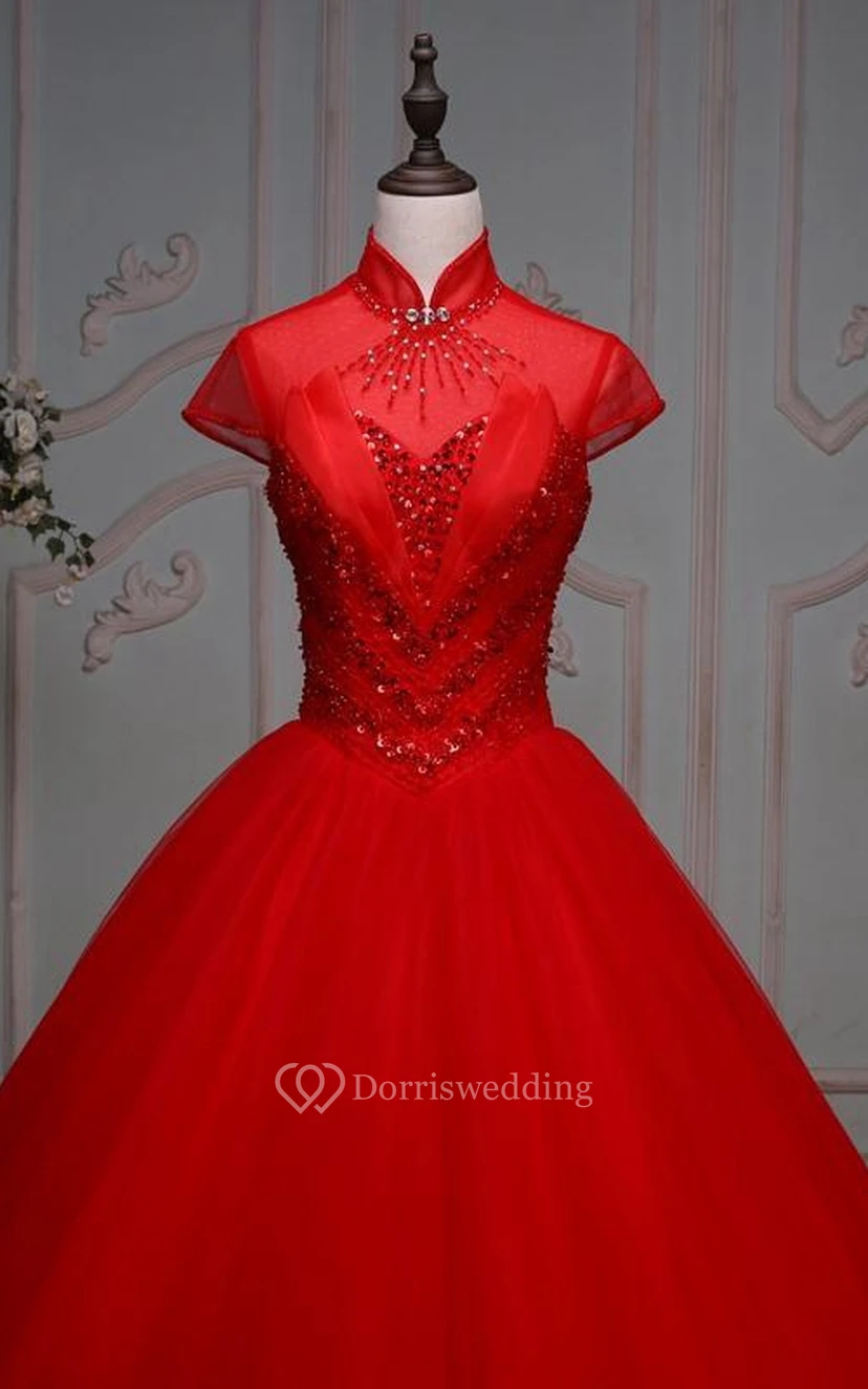 Ball Gown Long High Neck Bell Cap Pleats Beading Lace-Up Back Tulle Lace Dress view 4