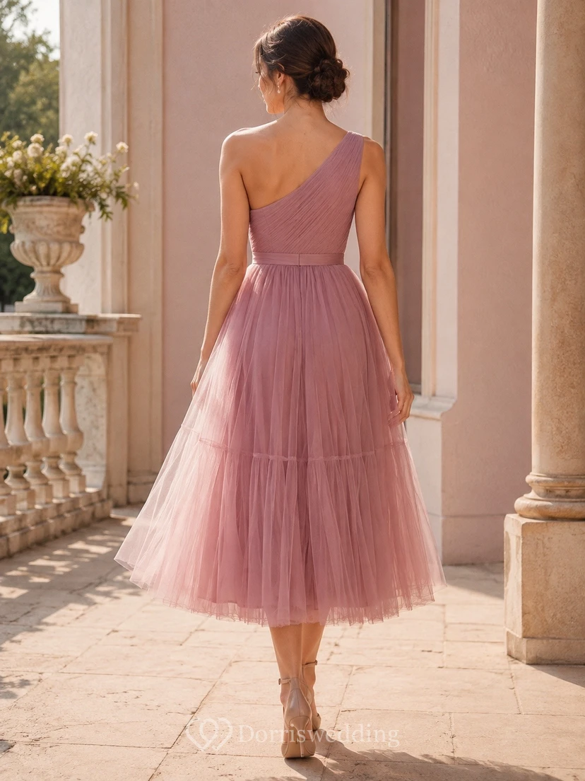 Mauve Tulle Scoop-Neck Sleeveless A-Line Tea-Length Romantic Dress view 2