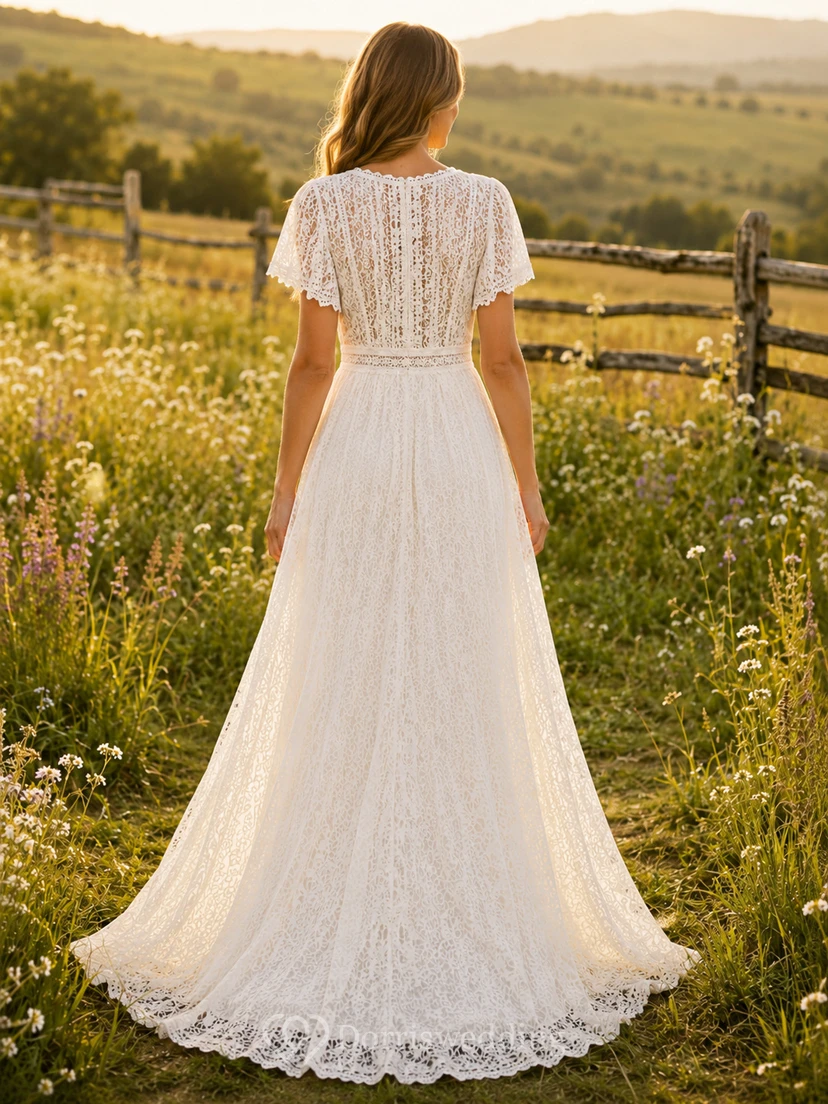 Crochet Lace V-Neck Cap Sleeve Boho A-Line Wedding Dress view 2