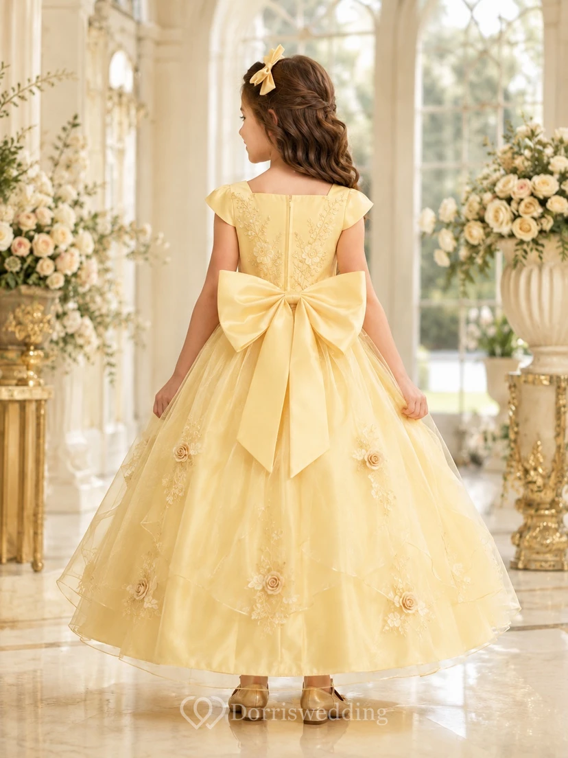 Adorable Daffodil Cap Sleeve Floral Tulle Ball Gown Ankle-Length Flowergirl Dress view 2