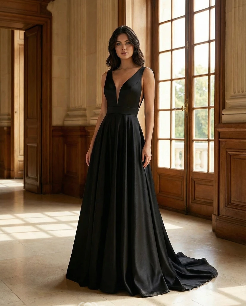 Robe de soirée noire en satin, coupe trapèze, décolleté en V plongeant et traîne.