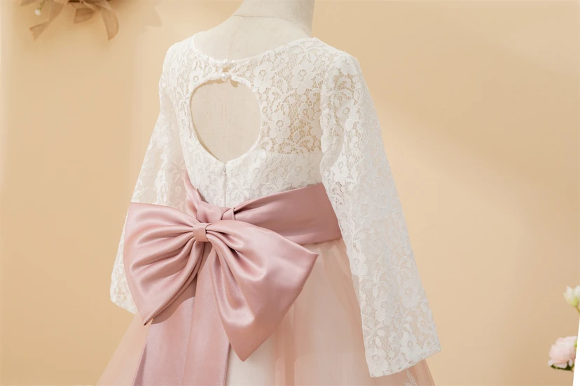 Lace Two-Tone Long Sleeve Short White and Coral Flowergirl Dress view 8