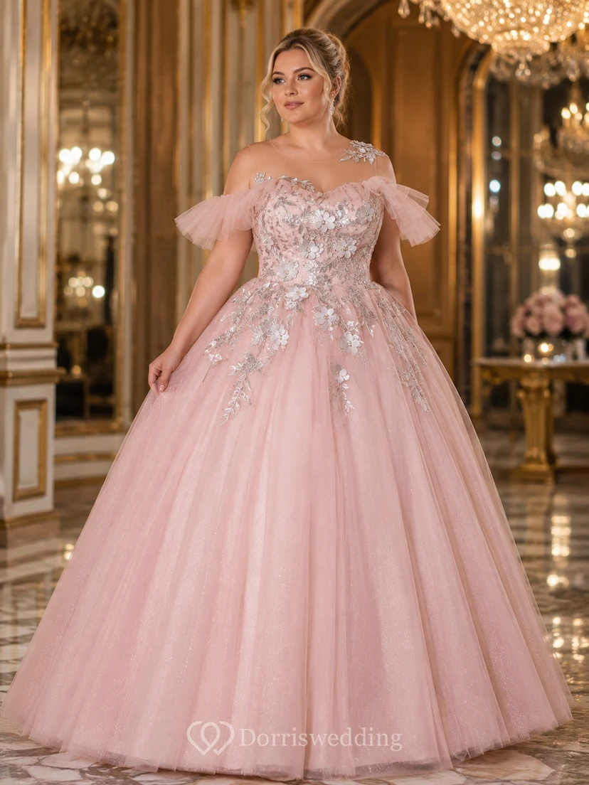 Robe de bal brodée vert clair à épaules dénudées view 4