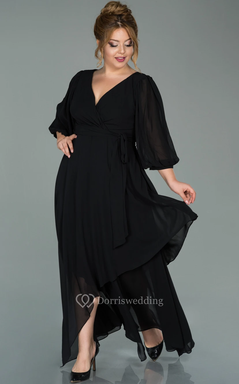 V-neck Half-sleeve Chiffon Empire Petal A-line Formal Plus Size Dress view 3