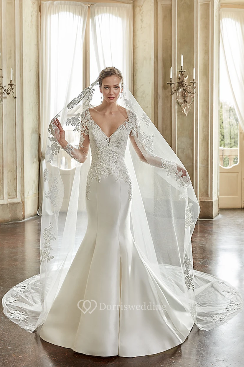Trumpet V-Neck Appliqued Floor-Length Long-Sleeve Satin Wedding Dress