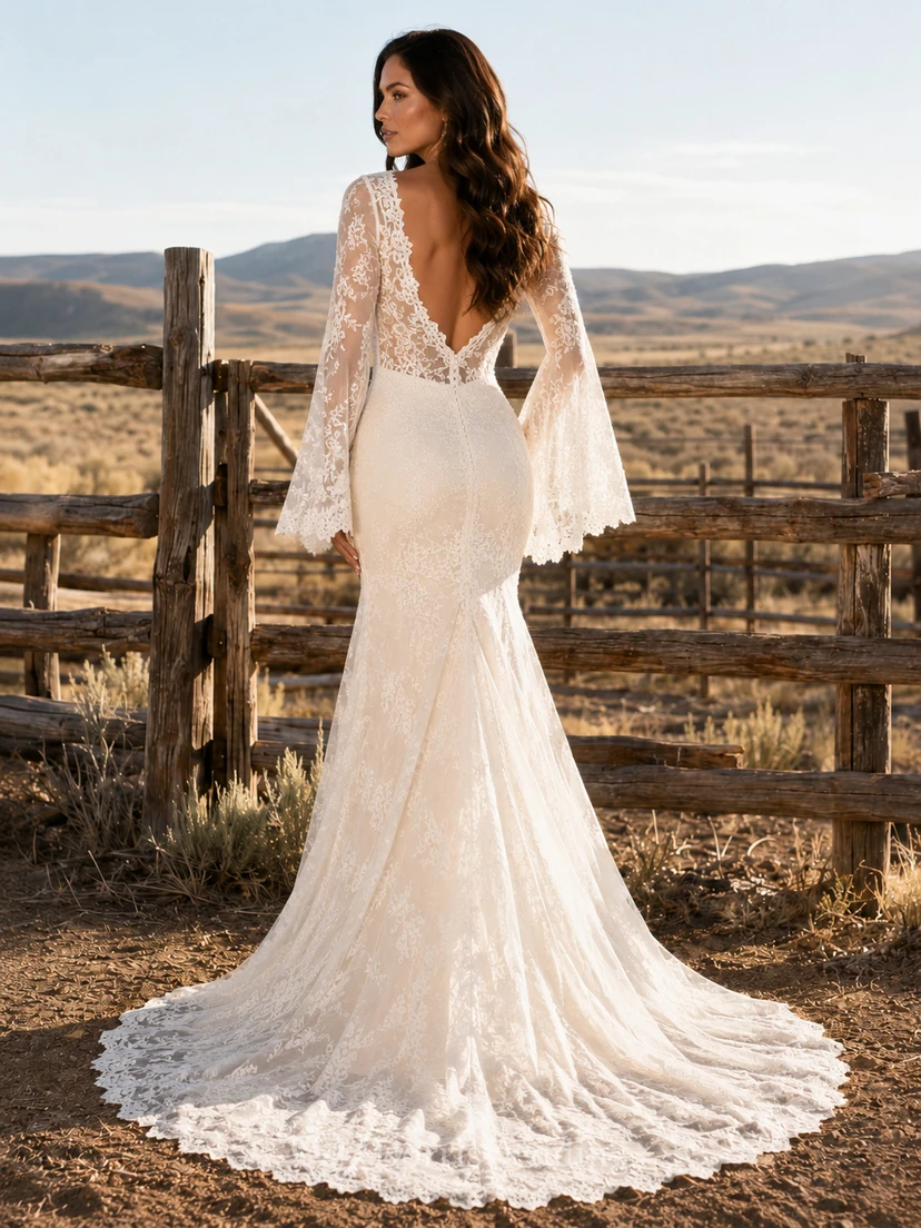 Robe de mariée champêtre en dentelle, coupe sirène, épaules dénudées, manches longues, traîne chapelle et dos nu plongeant en V. view 2