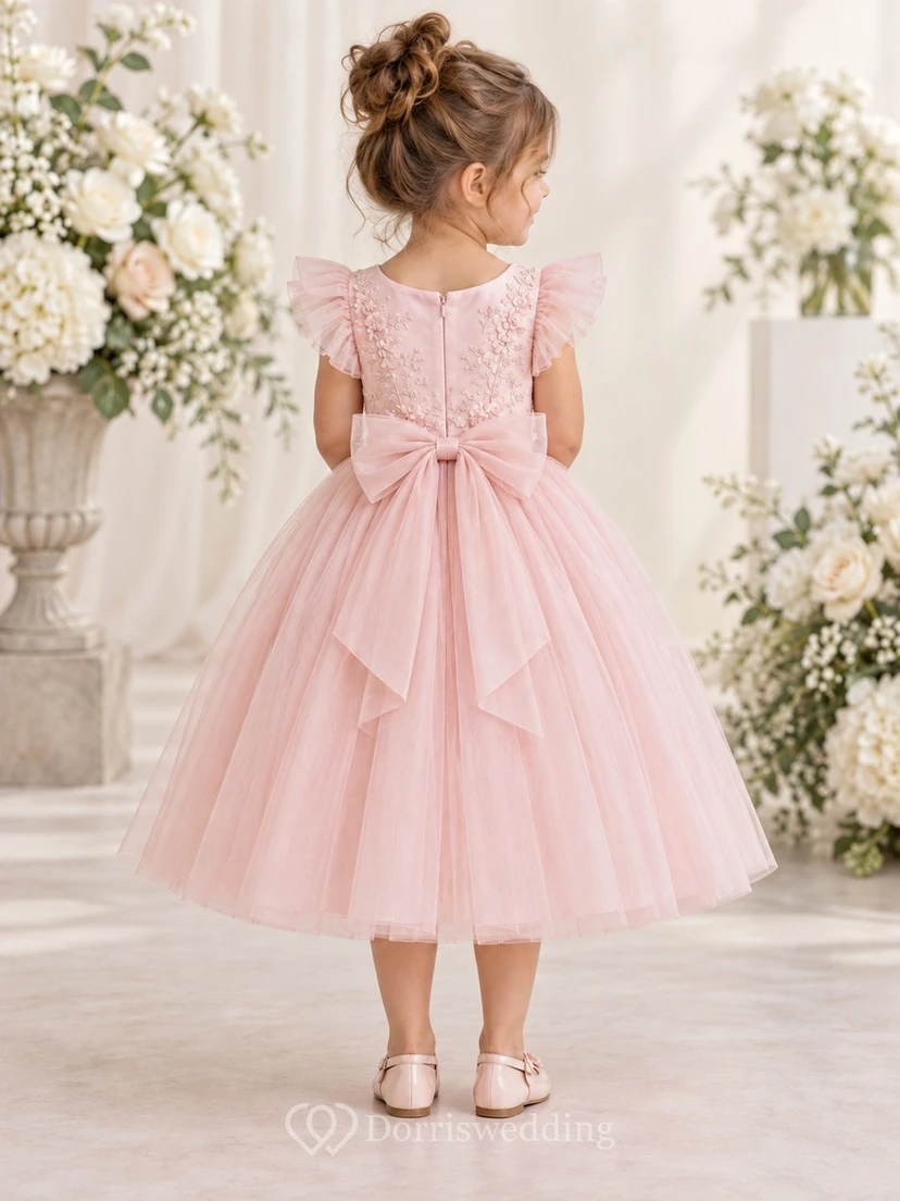 Teelanges, rosafarbenes A-Linien-Kleid aus Spitze und Tüll mit flatternden Ärmeln, Schärpe und Schleife am Rücken für Blumenmädchen view 2